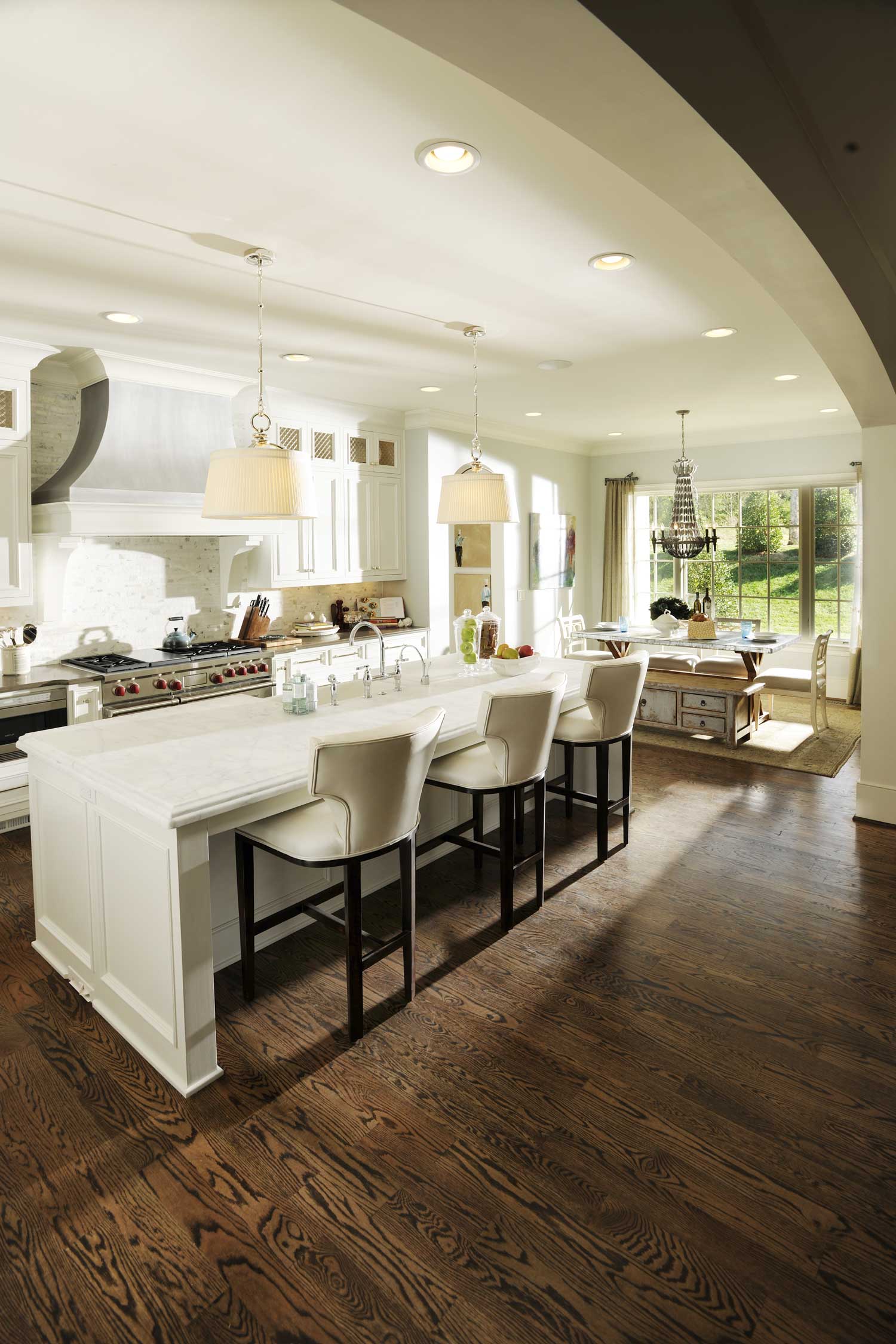 Refinished hardwood in a bright kitchen